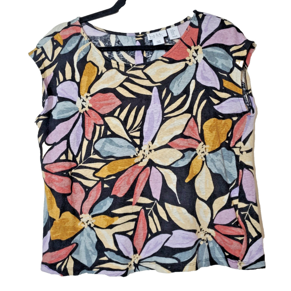 Nicole Miller Womens Medium T-shirt Short Sleeve 100% Linen Top TEE Floral Print